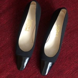 Vintage Ferragamo Black Silk and Patent Leather Kitten Heels